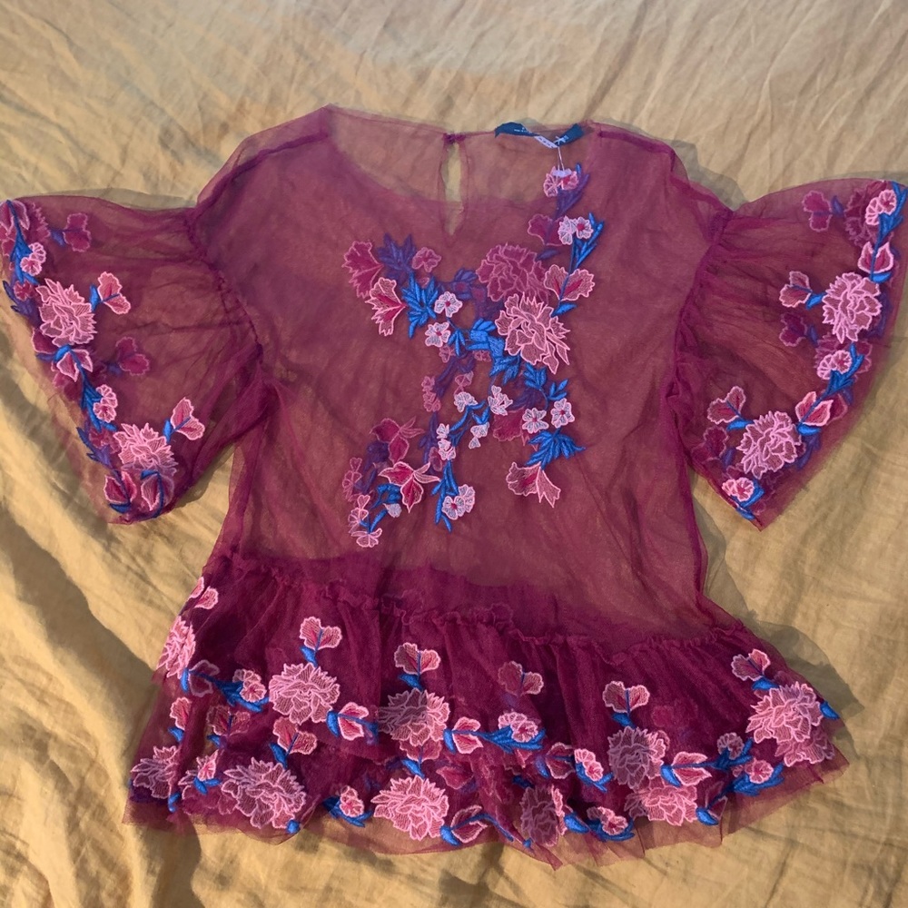 Zara sheer embroidered flower top